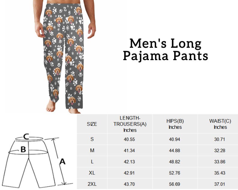 Op de afbeelding: Maattabel voor lange pyjamabroeken voor heren. De tabel toont de lengte van de broek, de heupen en de taille in inches voor de maten S, M, L, XL en 2XL.