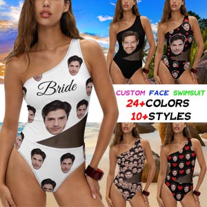 May include: A collection of one-shoulder swimsuits with custom face prints. The swimsuits are available in white, black, and red, with various face patterns. The text "Bride" is printed on one swimsuit. The text "CUSTOM FACE SWIMSUIT 24+COLORS 10+STYLES" is also visible.