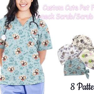 Aangepaste gezichtsscrub gepersonaliseerde scrubmuts foto v-hals scrub met zak huisdier gezichtsscrub gepersonaliseerde scrub met huisdier gezicht cadeau voor verpleegkundige
