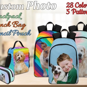 Sac à dos personnalisé pour photo d'animal de compagnie Sac à lunch photo personnalisé Pochette à crayons photo Cadeau personnalisé pour la rentrée des classes Photos sans impression d'arrière-plan