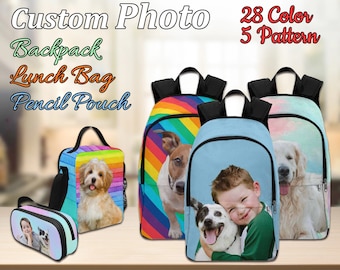 Benutzerdefinierte Haustier-Foto-Rucksack Personalisierte Foto Lunch Bag Foto Bleistiftbeutel Benutzerdefinierte Back To School Geschenk Fotos ohne Hintergrunddruck