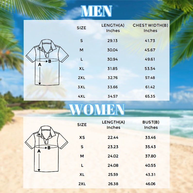 May include: Size chart for shirts with measurements in inches for both men and women. The chart shows the length and chest width for men's shirts and the length and bust for women's shirts.