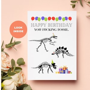 Funny old guy birthday greeting card | Funny Birthday Card for Him | You Fucking Fossil | Dinosaur Birthday Card