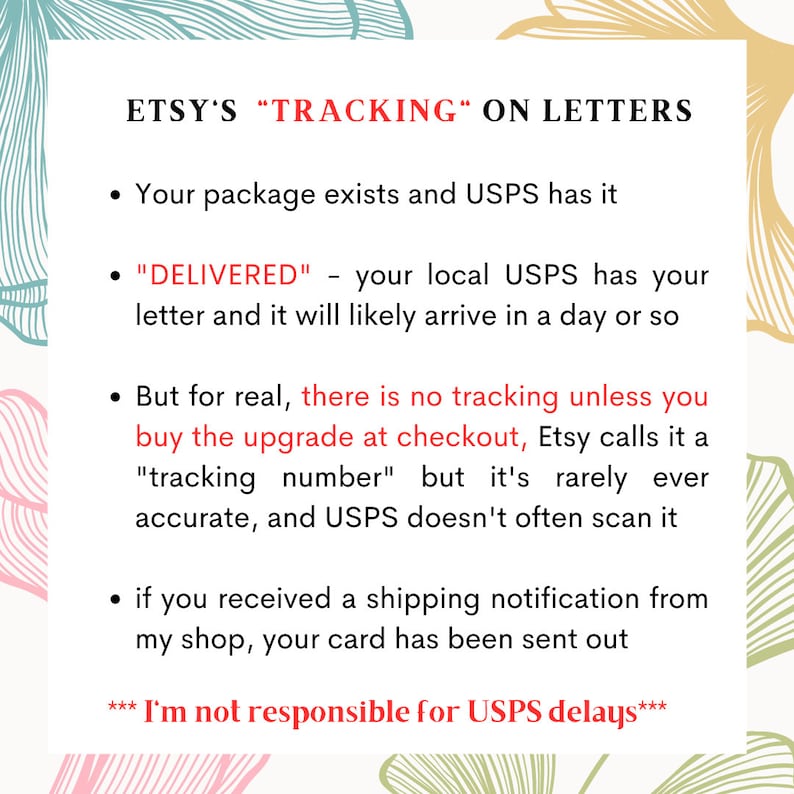 May include: Text on a white background with a floral pattern. The text reads "ETSY'S "TRACKING" ON LETTERS" and explains that Etsy's tracking for letters is not reliable. The text also states that the seller is not responsible for USPS delays.