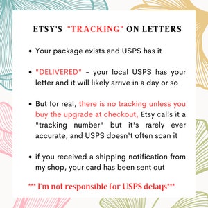 May include: White background with text explaining Etsy's tracking on letters. The text includes information about USPS delivery, tracking upgrades, and shipping notifications. Floral design in the background.