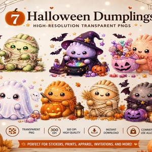 Peut inclure: Une collection numérique de sept personnages de boulettes sur le thème d'Halloween, incluant une momie, une sorcière avec un chaudron, un enfant déguisé, un fantôme, un sculpteur de citrouille, une figure de récolte et une créature ailée.