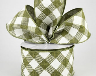 2.5" Diagonal Check Ribbon: Moss Green & Ivory (10 Yards)