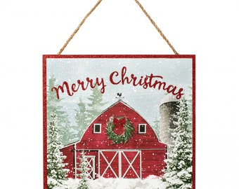 10" Square Wooden Sign: Glitter Christmas Barn