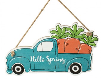 12" Wooden Truck & Carrot Happy Spring Sign