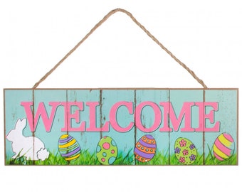 15" Wooden Sign: Welcome Bunny & Eggs