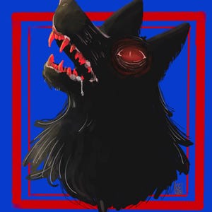 May include: Illustration of a black wolf's head with red eyes and teeth, set against a blue background with a red square border. The wolf's mouth is open, revealing its teeth and a hint of saliva.