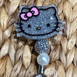 Cute Kitty badge, Nurse badge, ID Holder, Retractable badge, Hello summer, Gift for her, fun glittery badge