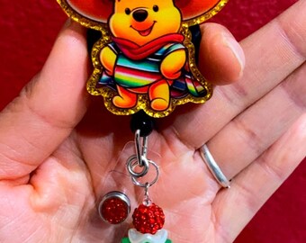 Cinco de Mayo Bear Badge Reel, Cute Fiesta Cartoon Nurse Badge Holder with Charms, Retractable ID Clip, Healthcare Worker Gift