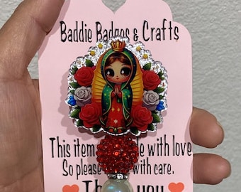 Virgen Mary badge, Guadalupana,Vigen de Guadalupe, ID Holder. Nurse badge reel.