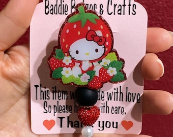 Strawberry Kitty Badge Reel | Kawaii Nurse ID Holder