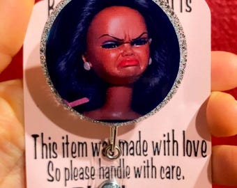 Doll Inspired Funny Face Badge Reel, Sassy Expression Nurse Badge Holder, Cute Retractable ID Clip, Pink Glitter Healthcare Worker Gift