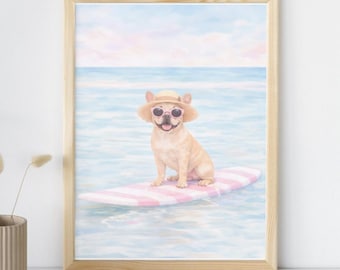 May include: Watercolor print of a French Bulldog wearing sunglasses and a straw hat, sitting on a pink and white striped surfboard in the ocean. The background shows a blue sky and water.