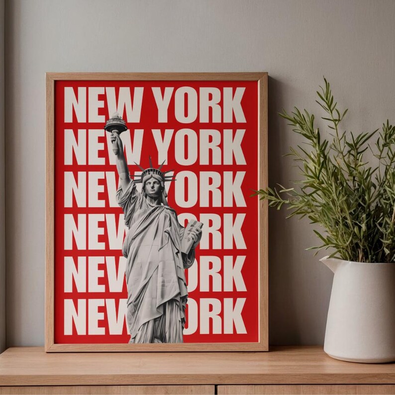 New York Aesthetic Print | Red Statue of Liberty Art | Trendy Travel Poster | Modern Apartment Decor | Digital Download | NYC Gift Idea image 3
