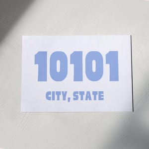 Può includere: Un biglietto bianco con il numero 10101 stampato in azzurro e il testo "CITY, STATE" stampato sotto il numero.