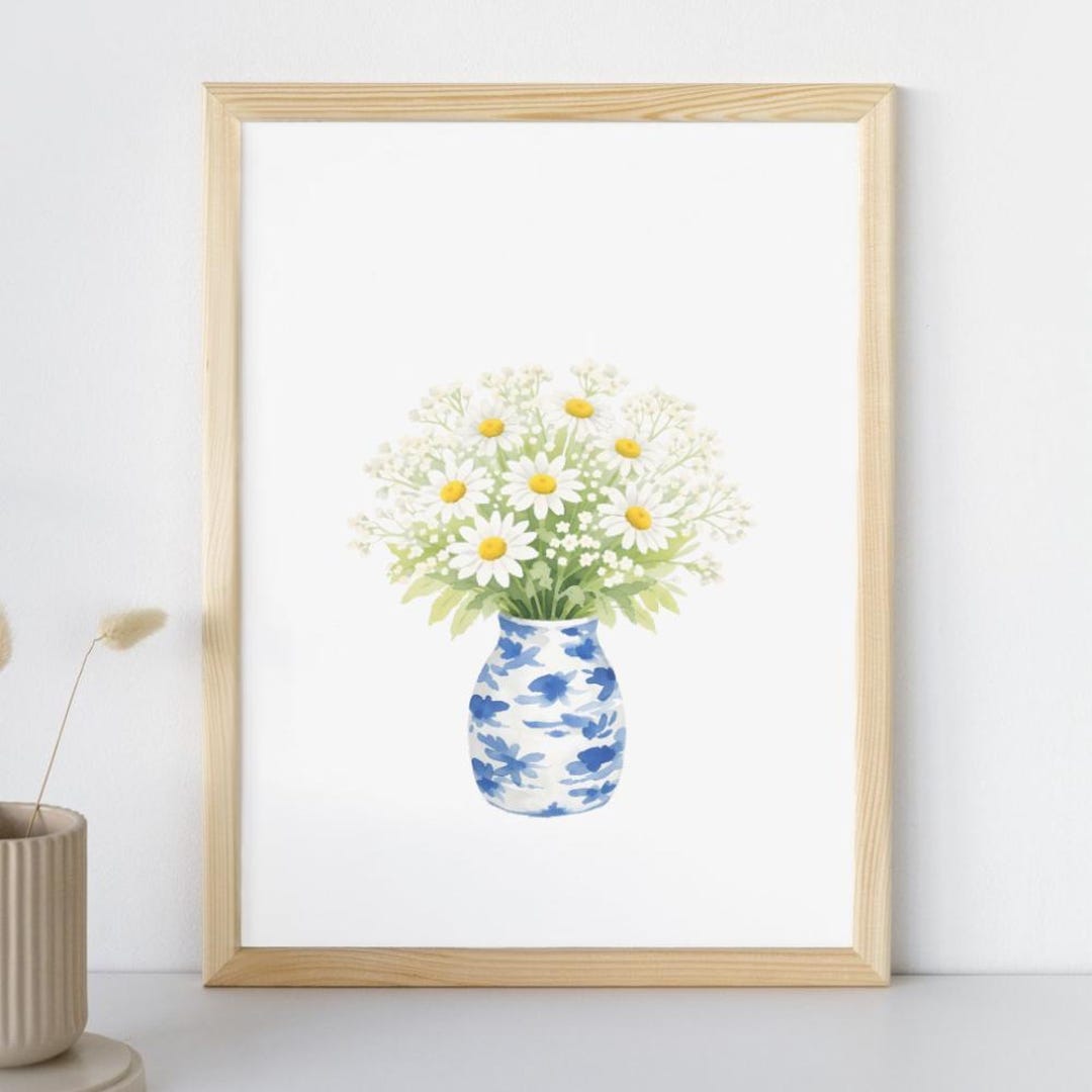 Daisy Bouquet Print | Cute Floral Wall Art | Blue Vase Flower Print ...