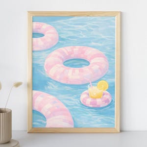Impresión de flotador de piscina rosa / Lindo arte de pared de piscina de verano / Decoración moderna para apartamentos o dormitorios de chicas / Estética preppy junto a la piscina / Idea de regalo universitario