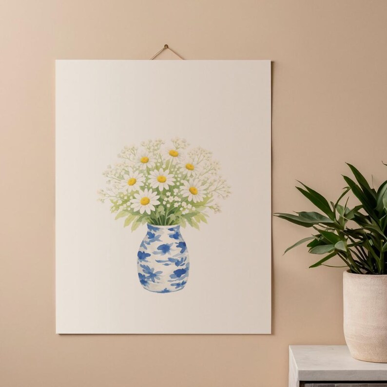 Daisy Bouquet Print | Cute Floral Wall Art | Blue Vase Flower Print ...