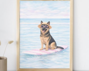 Surfing German Shepherd Print | Cute Dog Beach Wall Art | Trendy Summer Aesthetic | Apartment Decor Preppy Coastal Vibes | Digital Download