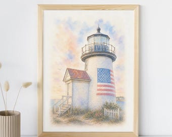 Coastal Lighthouse Wall Art | Watercolor Nautical Print | American Flag Beach House Decor | Patriotic Seaside Artwork | New England Coastal