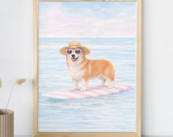 Surfing Corgi Print | Cute Dog Beach Wall Art | Trendy Summer Aesthetic | Girly Apartment Decor | Preppy Coastal Vibes | Digital Download