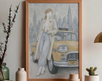 New York City Taxi Print • Chic NYC Wall Art • Neutral City Girl Decor • Trendy Apartment Poster • Yellow Cab Art • Manhattan Fashion Print