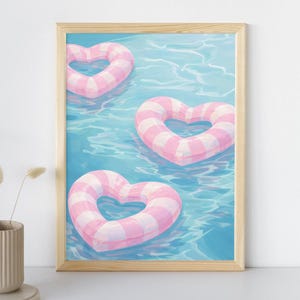 Lámina decorativa de flotador de piscina con forma de corazón rosa / Bonito arte mural de verano para piscina / Decoración moderna para apartamento de chica / Regalo digital con estética preppy para dormitorio universitario