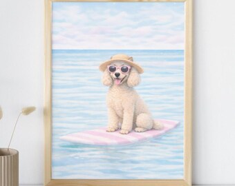 May include: A framed print of a poodle wearing sunglasses and a straw hat, sitting on a pink and white striped float in the sea. The background shows a blue sky and water.