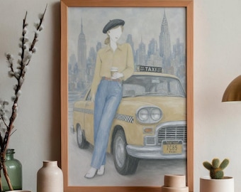 New York City Taxi Print • Vintage NYC Wall Art • Chic Fashion Poster • Yellow Cab Art • City Girl Apartment Decor • Manhattan Print