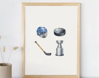 Hockey Nursery Wall Art | Blue Gray Neutral Watercolor Sports Print | Boys Bedroom Playroom Decor | Hockey Helmet Puck Stick Trophy Artwork