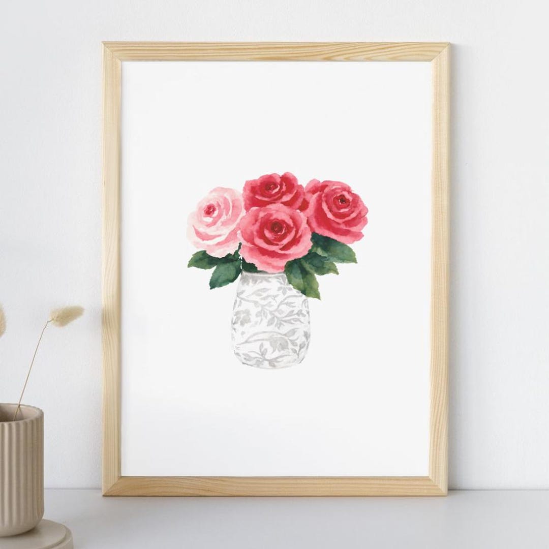 Pink Rose Bouquet Print | Cute Floral Wall Art | Romantic Flower Vase ...