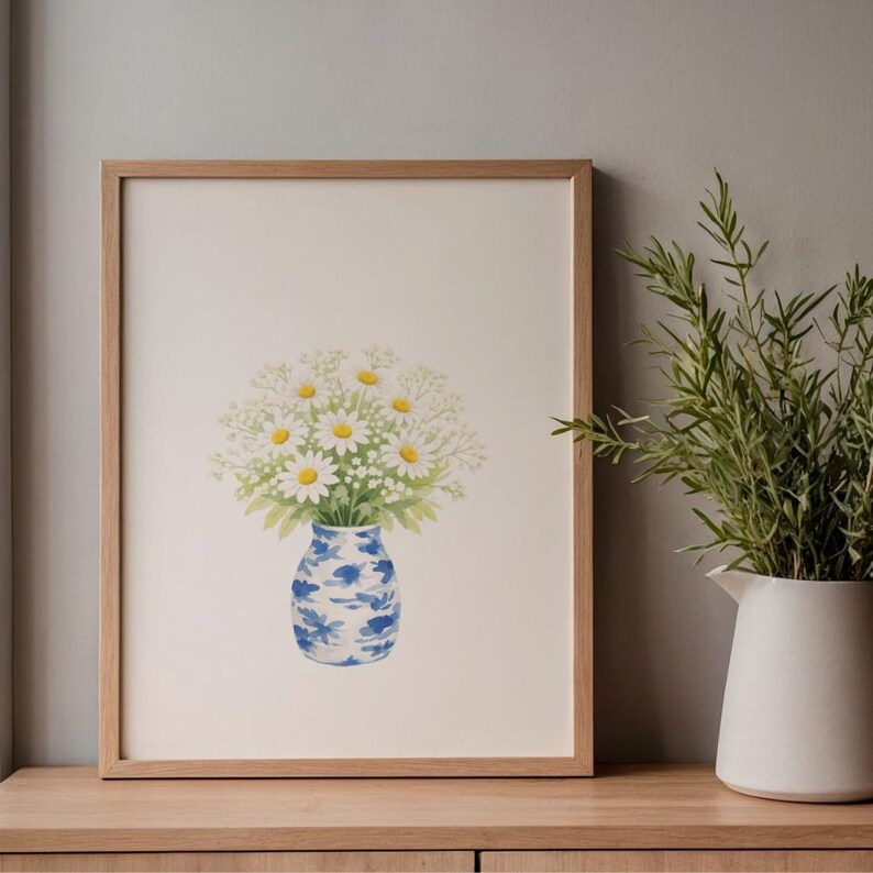 Daisy Bouquet Print | Cute Floral Wall Art | Blue Vase Flower Print ...