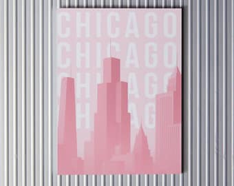 Chicago City Print | Pink Skyline Wall Art | Minimalist Typography Poster | Trendy Apartment Decor | Digital Download | Pastel Dorm Wall
