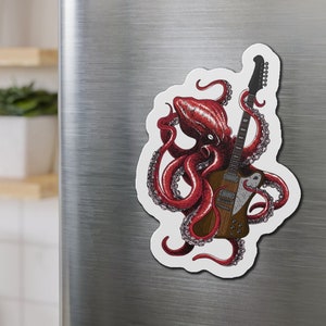 Roter Oktopus spielt Gitarre Magnet, Ozean Magnet, Fisch Magnet, Oktopus Liebhaber Magnet Geschenk