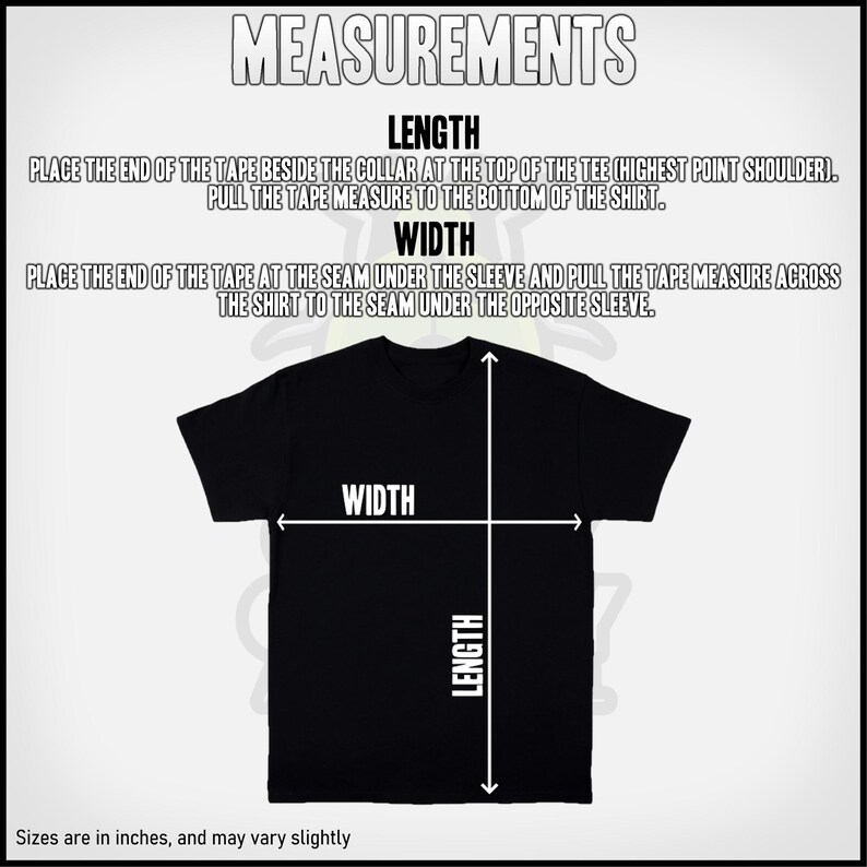 Op de afbeelding: Diagram met instructies voor het meten van de lengte en breedte van een T-shirt. Plaats het uiteinde van de meetlint bij de kraag en trek het naar de onderkant van het shirt om de lengte te meten. Plaats het uiteinde van de meetlint bij de naad onder de mouw en trek het over het shirt naar de naad onder de andere mouw om de breedte te meten. De maten zijn in inches en kunnen enigszins vari&euml;ren.