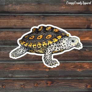 May include: A sticker featuring a detailed illustration of a turtle with a patterned shell in shades of yellow, brown, and black. The turtle's head and legs are speckled with black and white. The text "Creepy Crawly Apparel" is in the upper right corner.