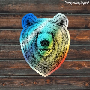Autocollant holographique d'ours grizzly, autocollant d'ours brun, autocollant d'ours mignon, autocollant d'ours grizzly en vinyle