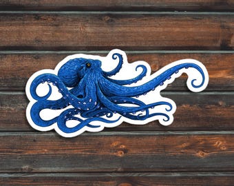 Blue Octopus Sticker, Octopus Water Bottle Sticker, Waterproof Octopus Decal