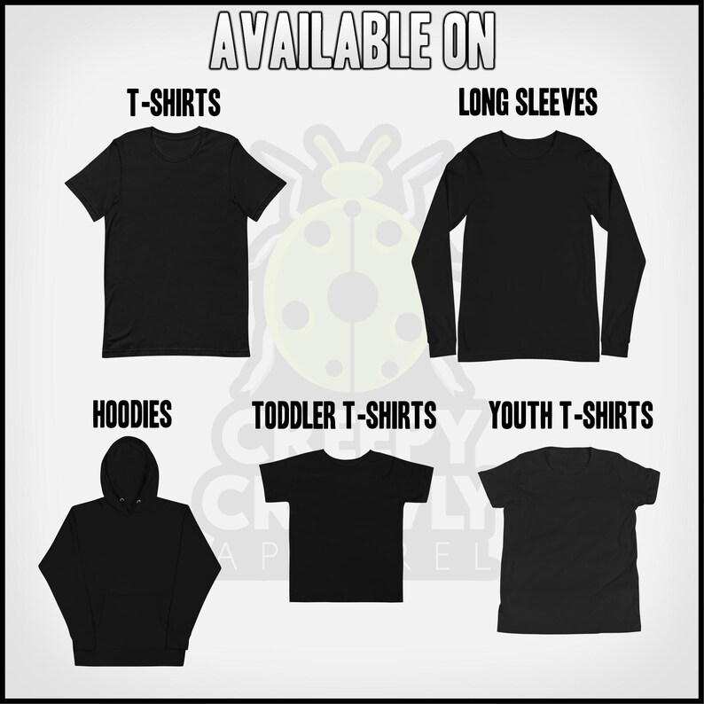 Op de afbeelding: Een afbeelding die verschillende kledingstukken laat zien die te koop zijn, waaronder T-shirts, lange mouwen, hoodies, T-shirts voor peuters en T-shirts voor jongeren. De afbeelding heeft een lieveheersbeestje-ontwerp.