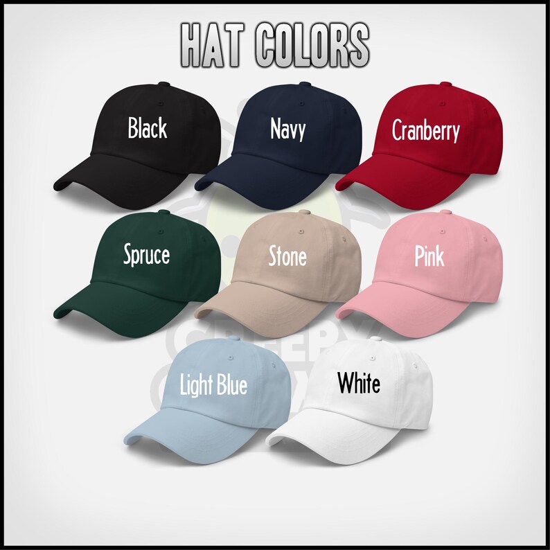 May include: A collection of baseball caps in various colors, including black, navy, cranberry, spruce, stone, pink, light blue, and white. Each cap has the color name embroidered on the front. The image is labeled "HAT COLORS".