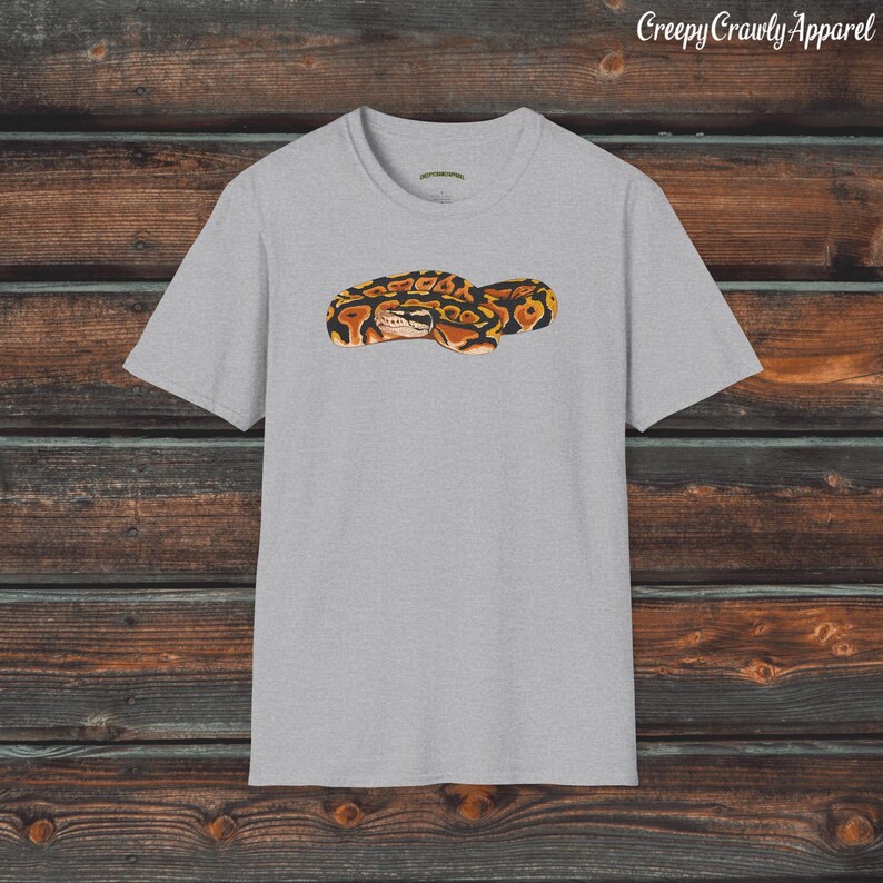 May include: A gray t-shirt with a graphic of a curled up snake with orange, black, and yellow markings. The snake is in the center of the shirt.