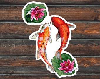 Koi Fish Sticker, Japanese Water Lily & Koi, Waterproof Pet Koi Decal