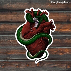 Op de afbeelding: Een sticker met een gedetailleerde illustratie van een menselijk hart verweven met een groene slang. Het hart is dieprood en de slang heeft een groen lichaam met een witte en paarse bek. De tekst "Creepy Crawly Apparel" staat rechtsboven.