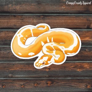 May include: A sticker depicting a detailed illustration of a snake in orange and white. The snake is coiled with white stripes and spots. The text "Creepy Crawly Apparel" is in the upper right corner.