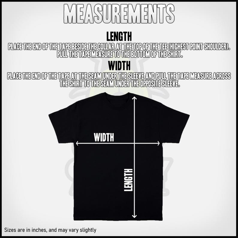 Op de afbeelding: Diagram met instructies voor het meten van de lengte en breedte van een T-shirt. Plaats het uiteinde van de meetlint bij de kraag en trek het naar de onderkant van het shirt om de lengte te meten. Plaats het uiteinde van de meetlint bij de naad onder de mouw en trek het over het shirt naar de naad onder de andere mouw om de breedte te meten. De maten zijn in inches en kunnen enigszins vari&euml;ren.