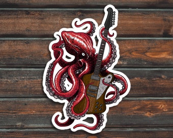 Red Octopus Playing Guitar Sticker, Music Sticker, Guitar Sticker, Vinyl Waterproof Octopus Sticker